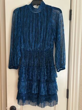 Sam & Jess Metallic Blue Tiered Long-Sleeve Mini Dress